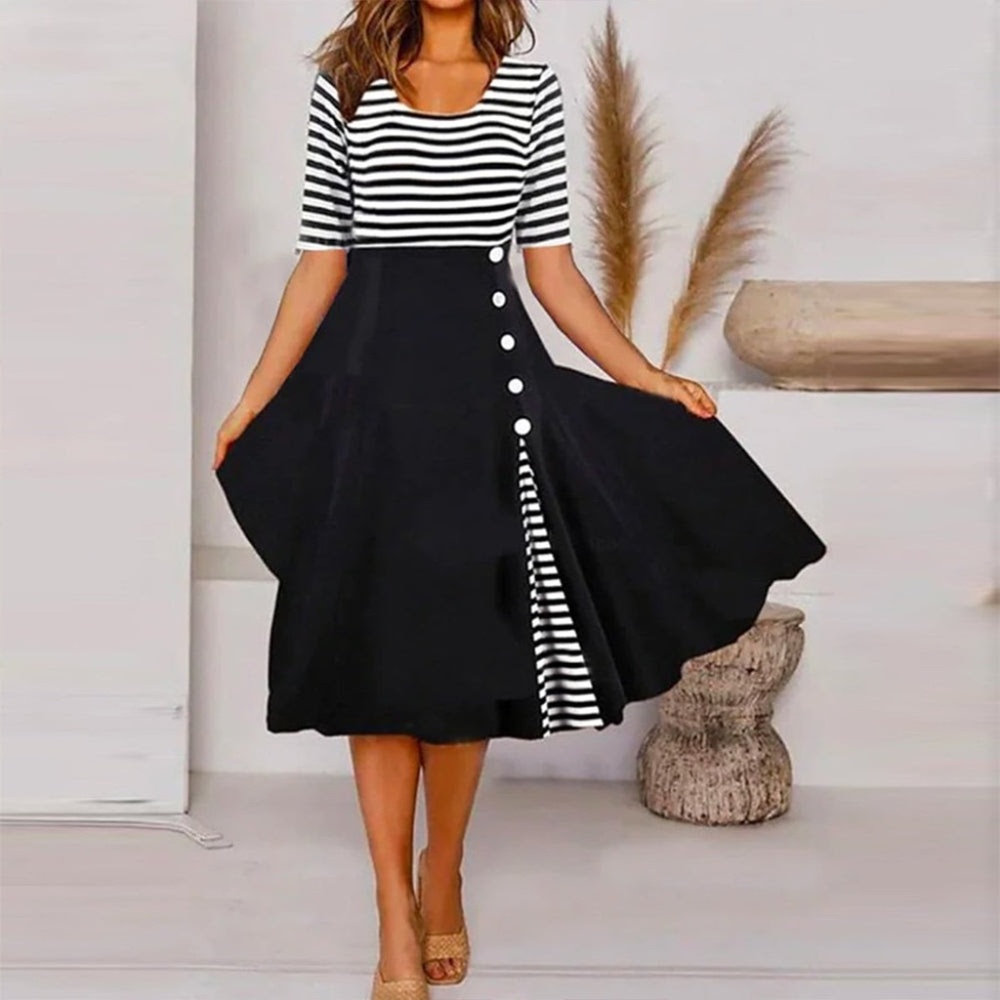 Cool Short Sleeve Striped Midi Dress